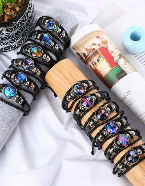Adjustable Guardian Zodiac Constellation Gemini Bracelet Black Leather